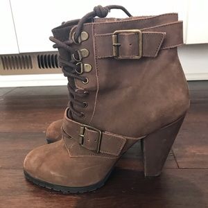 Brown suede zip-on booties with laces and buckle